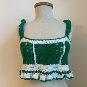 Green and White Crochet Women Top